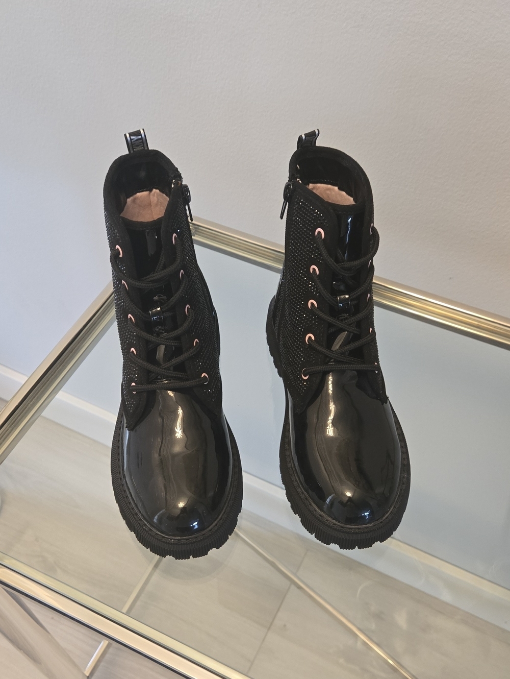 DKNY Black Patent Lace-Up Kids Boots with Pink Eyelets